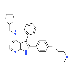 ChemSpider 2D Image | 6-{4-[2-(Dimethylamino)ethoxy]phenyl}-N-(1,3-dithiolan-2-ylmethyl)-5-phenyl-7H-pyrrolo[2,3-d]pyrimidin-4-amine | C26H29N5OS2