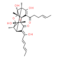 ChemSpider 2D Image | (1S,3R,4R,6Z,7R,8S,10R,11R,14S)-13-[(4E)-4-Hexenoyl]-3,10,12-trihydroxy-6-[(2E,4E)-1-hydroxy-2,4-hexadien-1-ylidene]-1,4,8,11-tetramethyl-2,9-dioxapentacyclo[8.4.0.0~3,8~.0~4,14~.0~7,11~]tetradec-12-e
n-5-one | C28H34O8
