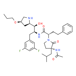 ChemSpider 2D Image | (2S)-2-[(3R)-3-Acetamido-3-isobutyl-2-oxo-1-pyrrolidinyl]-N-{(1R,2S)-3-(3,5-difluorophenyl)-1-hydroxy-1-[(2R,4R)-4-propoxy-2-pyrrolidinyl]-2-propanyl}-4-phenylbutanamide | C36H50F2N4O5