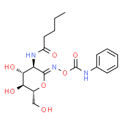 ChemSpider 2D Image | [[(3R,4R,5S,6R)-4,5-dihydroxy-6-(hydroxymethyl)-3-(pentanoylamino)oxan-2-ylidene]amino] N-phenylcarbamate | C18H25N3O7