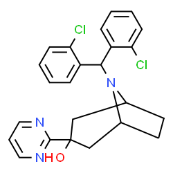 ChemSpider 2D Image | 8-[Bis(2-chlorophenyl)methyl]-3-(2-pyrimidinyl)-8-azabicyclo[3.2.1]octan-3-ol | C24H23Cl2N3O