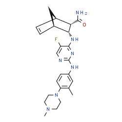 ChemSpider 2D Image | (1R,2S,3R,4R)-3-[(5-Fluoro-2-{[3-methyl-4-(4-methyl-1-piperazinyl)phenyl]amino}-4-pyrimidinyl)amino]bicyclo[2.2.1]hept-5-ene-2-carboxamide | C24H30FN7O