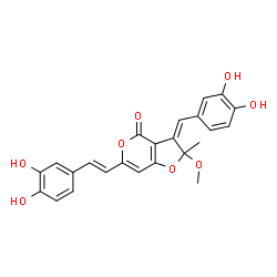 ChemSpider 2D Image | (3Z)-3-(3,4-Dihydroxybenzylidene)-6-[(E)-2-(3,4-dihydroxyphenyl)vinyl]-2-methoxy-2-methyl-2,3-dihydro-4H-furo[3,2-c]pyran-4-one | C24H20O8