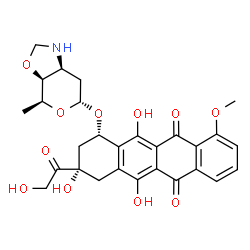 ChemSpider 2D Image | (8S,10S)-8-Glycoloyl-6,8,11-trihydroxy-1-methoxy-10-{[(3aS,4S,6R,7aS)-4-methylhexahydro-2H-pyrano[4,3-d][1,3]oxazol-6-yl]oxy}-7,8,9,10-tetrahydro-5,12-tetracenedione | C28H29NO11