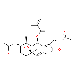 ChemSpider 2D Image | (4S,6S,7S,10R,11E)-7-Acetoxy-3-(acetoxymethyl)-10-hydroxy-6,10-dimethyl-2-oxo-2,4,5,6,7,8,9,10-octahydrocyclodeca[b]furan-4-yl methacrylate | C23H30O9