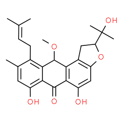 ChemSpider 2D Image | 5,7-Dihydroxy-2-(2-hydroxy-2-propanyl)-11-methoxy-9-methyl-10-(3-methyl-2-buten-1-yl)-1,11-dihydroanthra[2,1-b]furan-6(2H)-one | C26H30O6