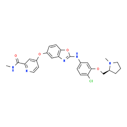 ChemSpider 2D Image | 4-({2-[(4-Chloro-3-{[(2S)-1-methyl-2-pyrrolidinyl]methoxy}phenyl)amino]-1,3-benzoxazol-5-yl}oxy)-N-methyl-2-pyridinecarboxamide | C26H26ClN5O4