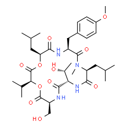 ChemSpider 2D Image | (3S,6S,9S,12S,15S,18S)-9-[(1R)-1-Hydroxyethyl]-6-(hydroxymethyl)-12,18-diisobutyl-3-isopropyl-15-(4-methoxybenzyl)-13-methyl-1,4-dioxa-7,10,13,16-tetraazacyclooctadecane-2,5,8,11,14,17-hexone | C35H54N4O11