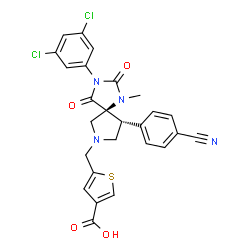 ChemSpider 2D Image | 5-[(5s,9r)-9-(4-Cyanophenyl)-3-(3,5-Dichlorophenyl)-1-Methyl-2,4-Dioxo-1,3,7-Triazaspiro [4.4]non-7-Yl]methyl]-3-Thiophenecarboxylicacid | C26H20Cl2N4O4S
