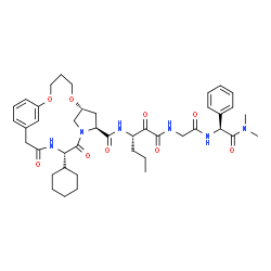 ChemSpider 2D Image | (7R,9S,12S)-12-cyclohexyl-N-{(3S)-1-[(2-{[(1S)-2-(dimethylamino)-2-oxo-1-phenylethyl]amino}-2-oxoethyl)amino]-1,2-dioxohexan-3-yl}-11,14-dioxo-2,6-dioxa-10,13-diazatricyclo[14.3.1.1~7,10~]henicosa-1(20),16,18-triene-9-carboxamide | C42H56N6O9