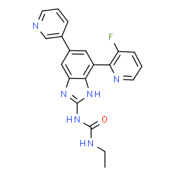 ChemSpider 2D Image | 1-Ethyl-3-[4-(3-fluoro-2-pyridinyl)-6-(3-pyridinyl)-1H-benzimidazol-2-yl]urea | C20H17FN6O