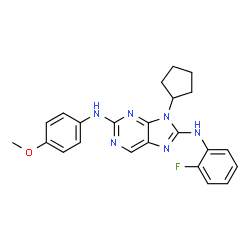 ChemSpider 2D Image | 9-cyclopentyl-N(8)-(2-fluorophenyl)-N(2)-(4-methoxyphenyl)-9H-purine-2,8-diamine | C23H23FN6O