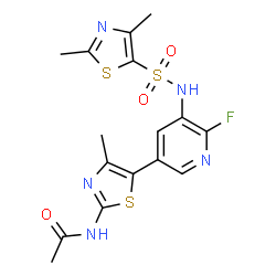ChemSpider 2D Image | N-[5-(5-{[(2,4-Dimethyl-1,3-thiazol-5-yl)sulfonyl]amino}-6-fluoro-3-pyridinyl)-4-methyl-1,3-thiazol-2-yl]acetamide | C16H16FN5O3S3