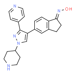 ChemSpider 2D Image | (1E)-N-Hydroxy-5-[1-(4-piperidinyl)-3-(4-pyridinyl)-1H-pyrazol-4-yl]-1-indanimine | C22H23N5O