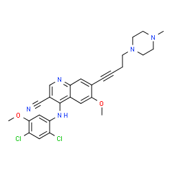 ChemSpider 2D Image | 4-[(2,4-Dichloro-5-methoxyphenyl)amino]-6-methoxy-7-[4-(4-methyl-1-piperazinyl)-1-butyn-1-yl]-3-quinolinecarbonitrile | C27H27Cl2N5O2