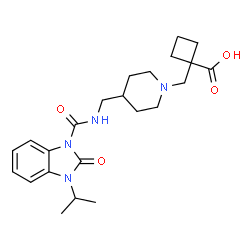ChemSpider 2D Image | 1-{[4-({[(3-Isopropyl-2-oxo-2,3-dihydro-1H-benzimidazol-1-yl)carbonyl]amino}methyl)-1-piperidinyl]methyl}cyclobutanecarboxylic acid | C23H32N4O4