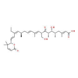 ChemSpider 2D Image | (2E,5S,6R,7S,9S,10E,12E,15R,16Z,18E)-19-[(2S)-3,3-Dimethyl-6-oxo-3,6-dihydro-2H-pyran-2-yl]-17-ethyl-6-hydroxy-9-(hydroxymethyl)-3,5,7,11,15-pentamethyl-8-oxo-2,10,12,16,18-nonadecapentaenoic acid | C34H50O7