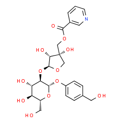 ChemSpider 2D Image | 4-(Hydroxymethyl)phenyl 2-O-[(2S,3R,4S)-3,4-dihydroxy-4-{[(3-pyridinylcarbonyl)oxy]methyl}tetrahydro-2-furanyl]-beta-D-glucopyranoside | C24H29NO12