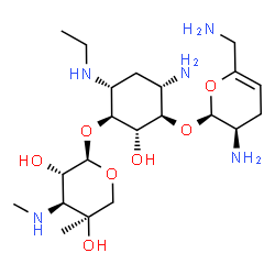 ChemSpider 2D Image | (1S,2S,3R,4S,6R)-4-Amino-3-{[(2S,3R)-3-amino-6-(aminomethyl)-3,4-dihydro-2H-pyran-2-yl]oxy}-6-(ethylamino)-2-hydroxycyclohexyl 3-deoxy-4-C-methyl-3-(methylamino)-alpha-D-arabinopyranoside | C21H41N5O7
