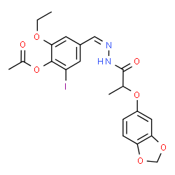 ChemSpider 2D Image | 4-[(Z)-{[2-(1,3-Benzodioxol-5-yloxy)propanoyl]hydrazono}methyl]-2-ethoxy-6-iodophenyl acetate | C21H21IN2O7