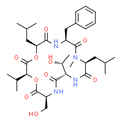 ChemSpider 2D Image | (3S,6S,9S,12S,15S,18S)-15-Benzyl-9-[(1R)-1-hydroxyethyl]-6-(hydroxymethyl)-12,18-diisobutyl-3-isopropyl-13-methyl-1,4-dioxa-7,10,13,16-tetraazacyclooctadecane-2,5,8,11,14,17-hexone | C34H52N4O10
