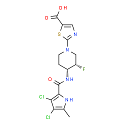 ChemSpider 2D Image | 2-[(3S,4R)-4-{[(3,4-Dichloro-5-methyl-1H-pyrrol-2-yl)carbonyl]amino}-3-fluoro-1-piperidinyl]-1,3-thiazole-5-carboxylic acid | C15H15Cl2FN4O3S