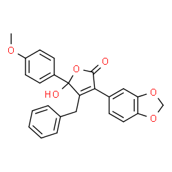 ChemSpider 2D Image | 3-(1,3-Benzodioxol-5-yl)-4-benzyl-5-hydroxy-5-(4-methoxyphenyl)-2(5H)-furanone | C25H20O6