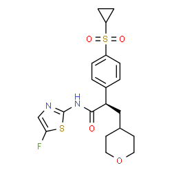 ChemSpider 2D Image | (2R)-2-[4-(Cyclopropylsulfonyl)phenyl]-N-(5-fluoro-1,3-thiazol-2-yl)-3-(tetrahydro-2H-pyran-4-yl)propanamide | C20H23FN2O4S2