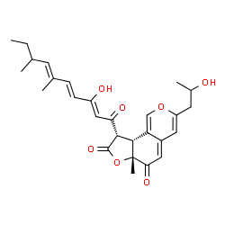ChemSpider 2D Image | (6aR,9S,9aR)-9-[(2Z,4E,6E)-3-Hydroxy-6,8-dimethyl-2,4,6-decatrienoyl]-3-(2-hydroxypropyl)-6a-methyl-9,9a-dihydro-6H-furo[2,3-h]isochromene-6,8(6aH)-dione | C27H32O7