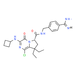 ChemSpider 2D Image | (6S)-N-(4-Carbamimidoylbenzyl)-1-chloro-3-(cyclobutylamino)-8,8-diethyl-4-oxo-4,6,7,8-tetrahydropyrrolo[1,2-a]pyrazine-6-carboxamide | C24H31ClN6O2