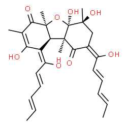 ChemSpider 2D Image | (2E,4S,4aR,5aS,9E,9aR,9bR)-4,4a,8-Trihydroxy-2,9-bis[(2E,4E)-1-hydroxy-2,4-hexadien-1-ylidene]-4,5a,7,9b-tetramethyl-3,4,4a,9,9a,9b-hexahydrodibenzo[b,d]furan-1,6(2H,5aH)-dione | C28H34O8