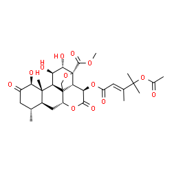 ChemSpider 2D Image | Methyl (1beta,8xi,11beta,12alpha,15beta)-15-{[(2E)-4-acetoxy-3,4-dimethyl-2-pentenoyl]oxy}-1,11,12-trihydroxy-2,16-dioxo-13,20-epoxypicrasan-21-oate | C30H40O13