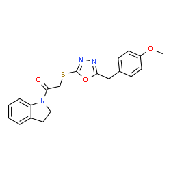 ChemSpider 2D Image | 1-(2,3-Dihydro-1H-indol-1-yl)-2-{[5-(4-methoxybenzyl)-1,3,4-oxadiazol-2-yl]sulfanyl}ethanone | C20H19N3O3S