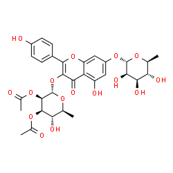 ChemSpider 2D Image | 7-[(6-Deoxy-alpha-L-mannopyranosyl)oxy]-5-hydroxy-2-(4-hydroxyphenyl)-4-oxo-4H-chromen-3-yl 2,3-di-O-acetyl-6-deoxy-alpha-L-mannopyranoside | C31H34O16