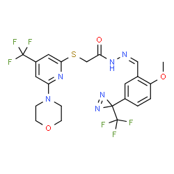 ChemSpider 2D Image | N'-[(Z)-{2-Methoxy-5-[3-(trifluoromethyl)-3H-diaziren-3-yl]phenyl}methylene]-2-{[6-(4-morpholinyl)-4-(trifluoromethyl)-2-pyridinyl]sulfanyl}acetohydrazide | C22H20F6N6O3S