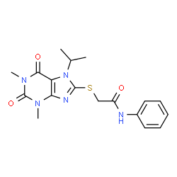 ChemSpider 2D Image | 2-[(7-Isopropyl-1,3-dimethyl-2,6-dioxo-2,3,6,7-tetrahydro-1H-purin-8-yl)sulfanyl]-N-phenylacetamide | C18H21N5O3S