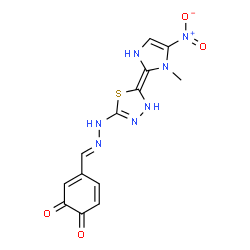 ChemSpider 2D Image | 4-[(E)-{[(5E)-5-(1-Methyl-5-nitro-1,3-dihydro-2H-imidazol-2-ylidene)-4,5-dihydro-1,3,4-thiadiazol-2-yl]hydrazono}methyl]-1,2-benzoquinone | C13H11N7O4S