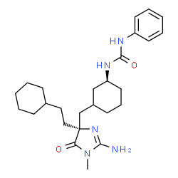 ChemSpider 2D Image | 1-[(1S)-3-{[(4R)-2-Amino-4-(2-cyclohexylethyl)-1-methyl-5-oxo-4,5-dihydro-1H-imidazol-4-yl]methyl}cyclohexyl]-3-phenylurea | C26H39N5O2