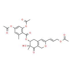 ChemSpider 2D Image | (6R,7R)-3-[(1E)-3-Acetoxy-1-propen-1-yl]-7-hydroxy-7-methyl-8-oxo-5,6,7,8-tetrahydro-1H-isochromen-6-yl 2,4-diacetoxy-6-methylbenzoate | C27H28O11