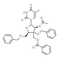ChemSpider 2D Image | 1-{2-O-Acetyl-3-C-[(benzoyloxy)methyl]-3,5-di-O-benzyl-alpha-D-arabinofuranosyl}-5-methyl-2,4(1H,3H)-pyrimidinedione | C34H34N2O9