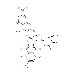ChemSpider 2D Image | Methyl (2R,3R,3'R)-3-[(2,6-dideoxy-3-O-methyl-alpha-L-ribo-hexopyranosyl)oxy]-3',4,9,10'-tetrahydroxy-7-methoxy-5,8,9'-trioxo-4',5,8,9'-tetrahydro-3H,3'H-spiro[naphtho[2,3-b]furan-2,2'-pyrano[4,3-g]ch
romene]-7'-carboxylate | C33H30O17